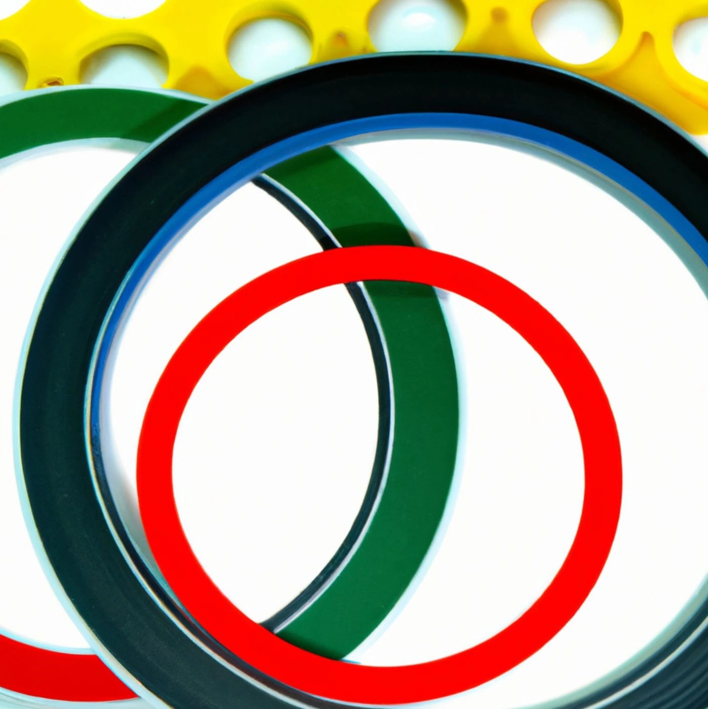 Fotografia di guarnizioni tecniche e anelli di tenuta di diverse forme e colori.